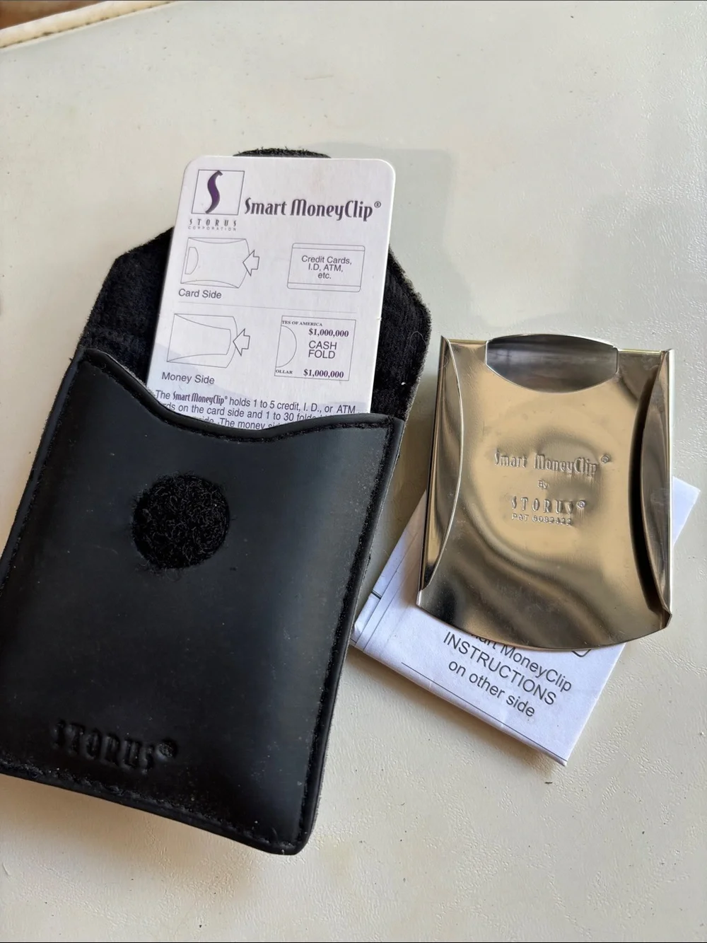Smart MoneyClip Stainless Steel Money Clip with Black Leather Sleeve